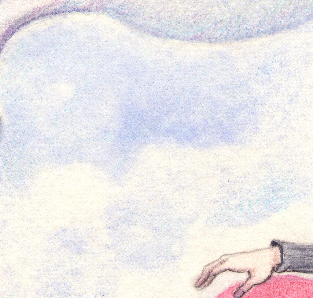 Detail of the watercolour illustration Happy New Year 2025 by Lucy Dreams. the clouds.