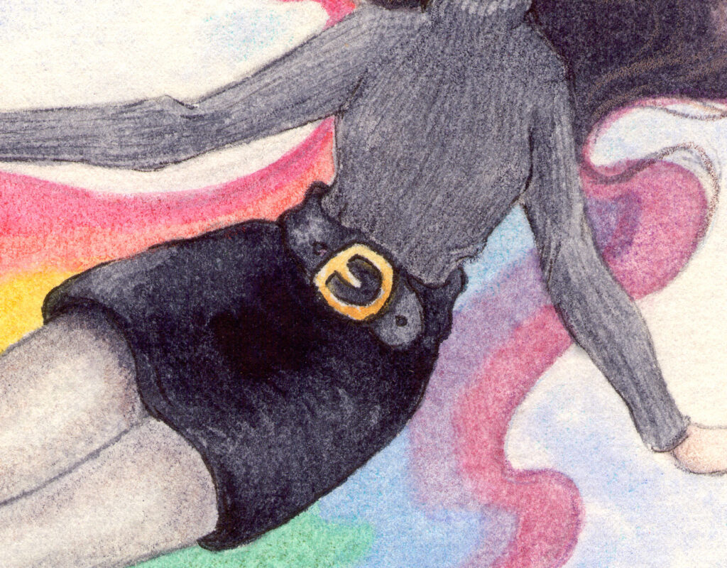 Detail of the watercolour illustration Happy New Year 2025 by Lucy Dreams. The character's outfit. A turtleneck in grey ribbed knit, a black mini skirt and a large black leather belt with a gold buckle.