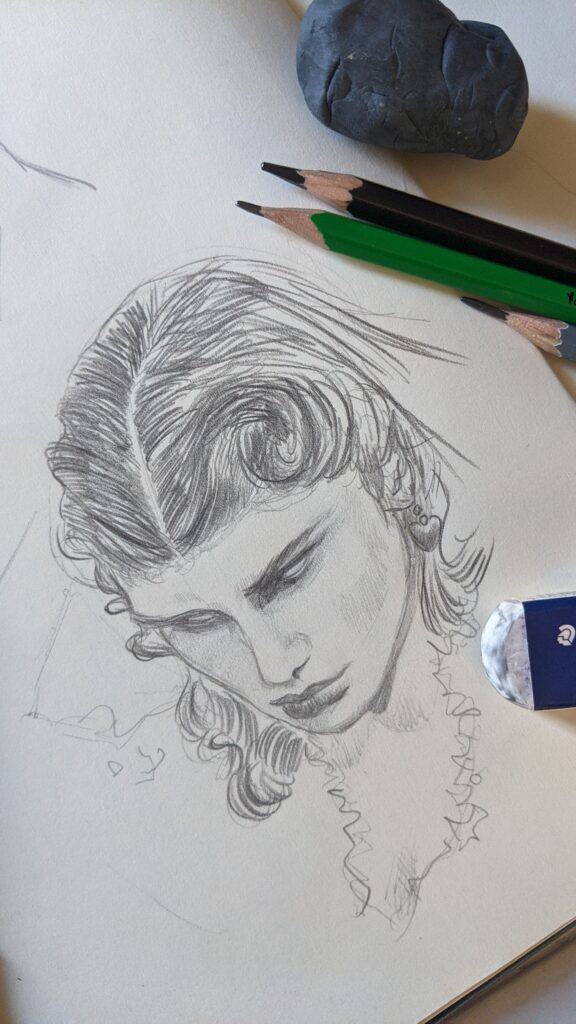 Croquis au crayon d'une femme aux cheveux longs par l'illustratrice française Lucy Dreams. © Sophie GALINIER WHEELER alias Lucy Dreams - Tous droits réservés.