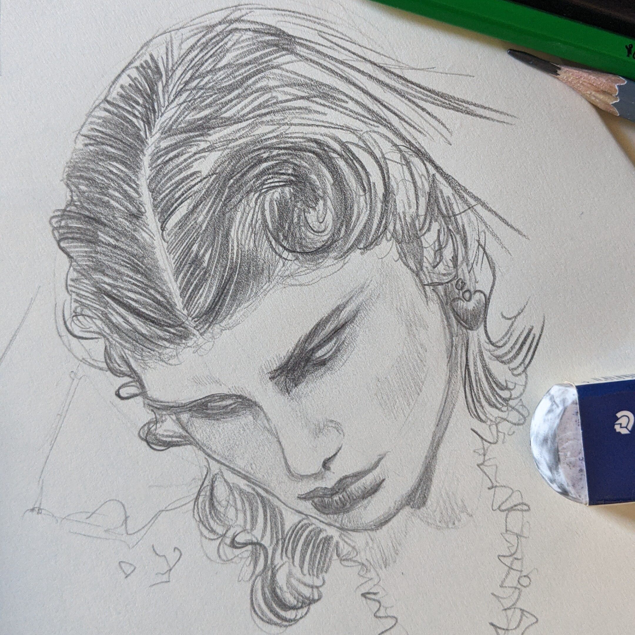 Pencil sketch of a woman with long hair by French illustrator Lucy Dreams. © Sophie GALINIER WHEELER alias Lucy Dreams - All rights reserved.