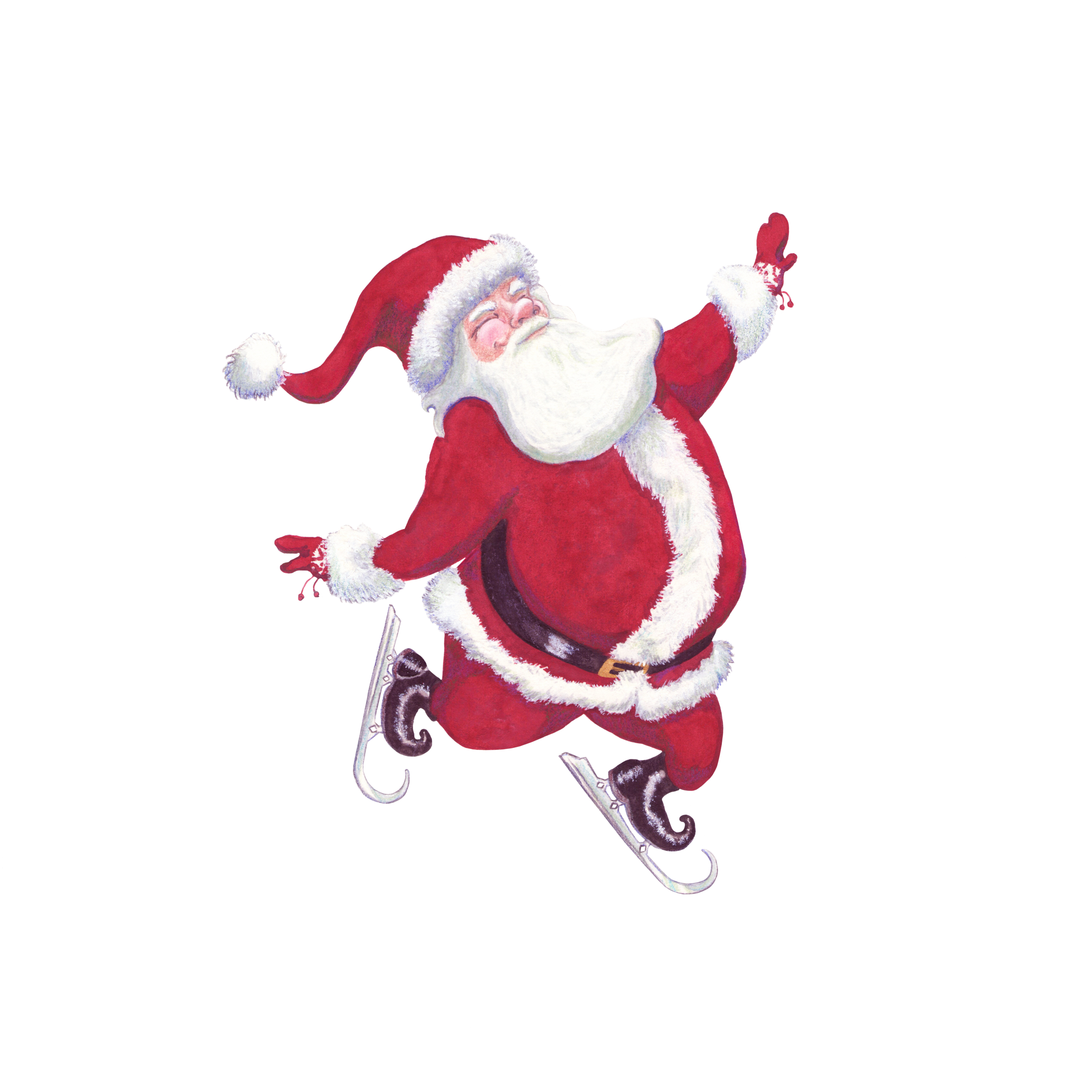Watercolour illustration of Father Christmas skating happily by French illustrator Lucy Dreams. © Sophie GALINIER WHEELER alias Lucy Dreams - All rights reserved.