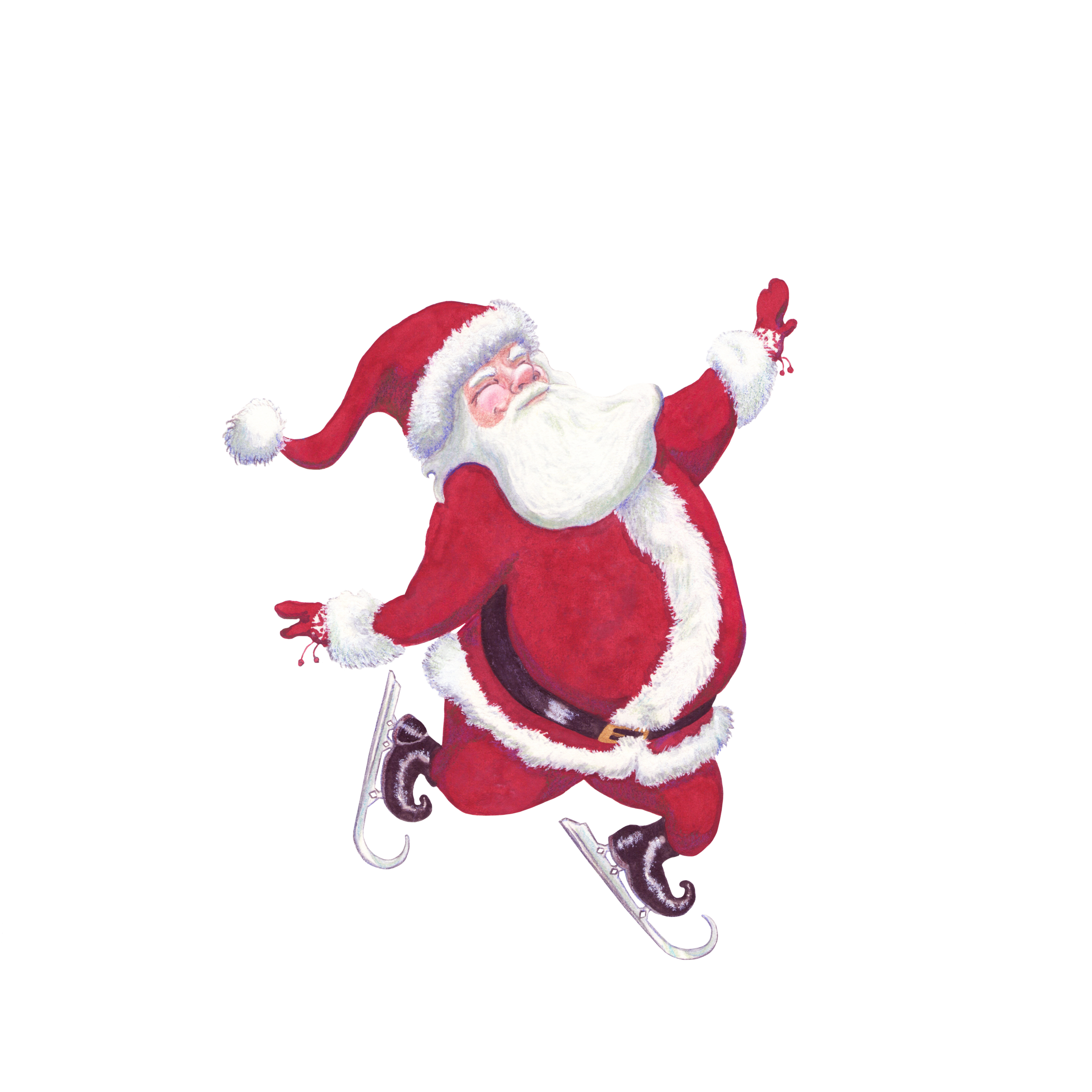 Illustration à l'aquarelle d'un Père Noël patinant joyeusement par l'illustratrice française Lucy Dreams. © Sophie GALINIER WHEELER alias Lucy Dreams - Tous droits réservés.
