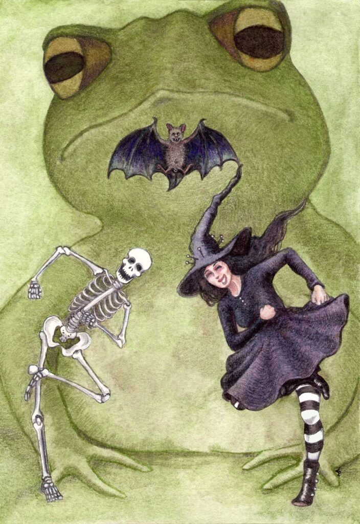 sorcière, chauve-souris et squelette dansant devant un gros crapaud vert